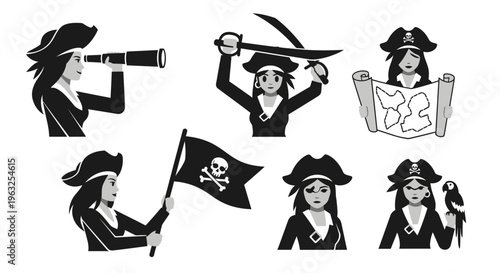 Pirate cartoon characters in various poses.