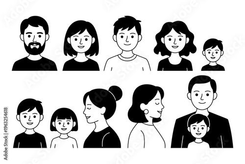 Vector featuring a group of diverse people in a minimalist style including both adults and children