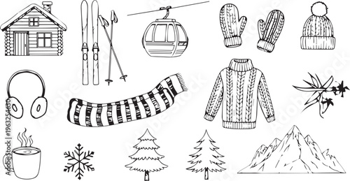 Winter Ski Resort Hand Drawn Doodle Icon Set Vector Illustration