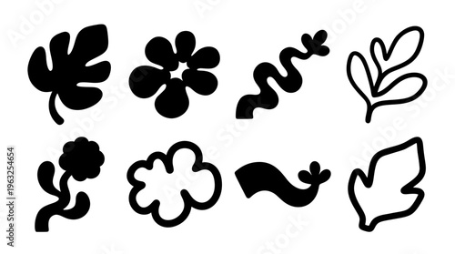 Set of abstract black botanical leaf and flower silhouette vector shapes. Simple minimal retro plant element collection for graphic design decoration
