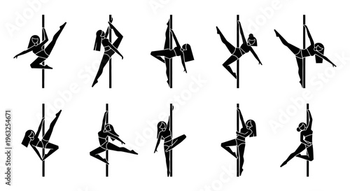 Silhouette of women in aerial poses.
