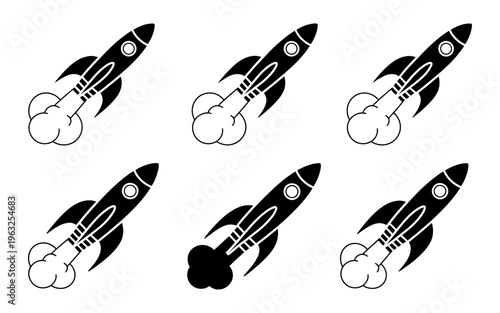 Collection of six vector rocket illustrations with smoke clouds and dynamic angles