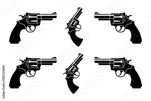 Vector showcasing six black revolvers in different angles and orientations for silhouette display