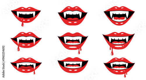 Vampire fangs and red lips.