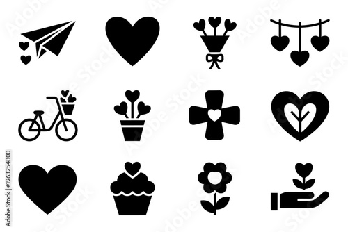 Vector featuring heart-shaped icons flowers and bicycle displayed in a grid