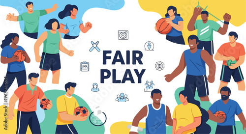Illustration of diverse people with sports balls and text "FAIR PLAY