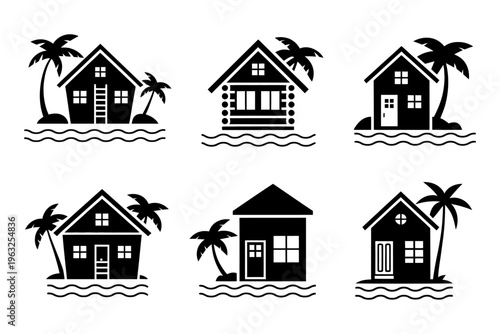 Vector of six beach houses near water with palm trees in a tropical setting with waves
