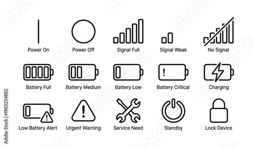 Essential mobile device icons indicating battery and signal status with alerts