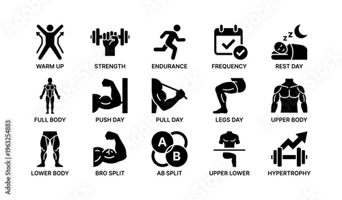 Comprehensive workout routine icons: strength, endurance, frequency, rest, splits