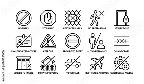 Icon set of prohibited and restricted access signs in line art style