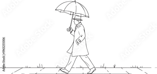 Continuous line drawing, rainy city pedestrian, walking with umbrella, minimalist vector illustration
