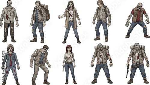 Zombie Apocalypse Survivor Character Illustration Set with Infected People, Backpack Survivors, Horror Characters, and Post Apocalyptic Vector Collection