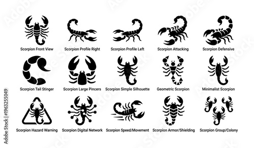 Vector icons of scorpions in various poses and styles