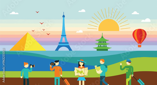 Illustration of global landmarks and travelers (1)