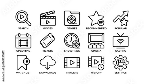 Set of 16 linear media streaming and movie app icons