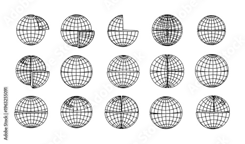 Wireframe globe spheres with segmented grid lines different perspectives global network vector illustration isolated on white