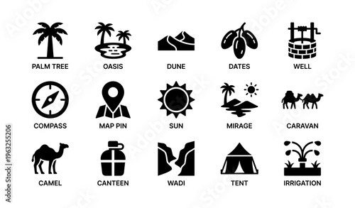 Desert icons: palm oasis, dune, caravan, canteen, tent, irrigation