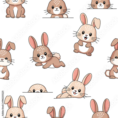 Seamless Pattern with Adorable Cartoon Bunnies and Happy Baby Rabbits on White Background