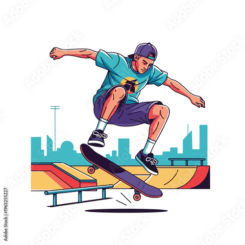 Illustration of a skateboarder mid-air over a ramp in front of a city