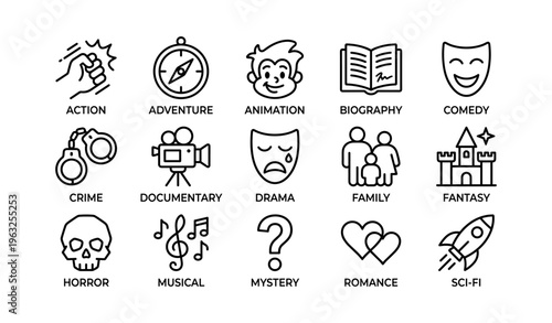 Icons representing various film genres: action, adventure, animation, and more