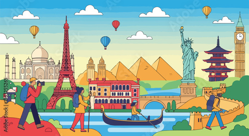 Illustration of global landmarks and travelers