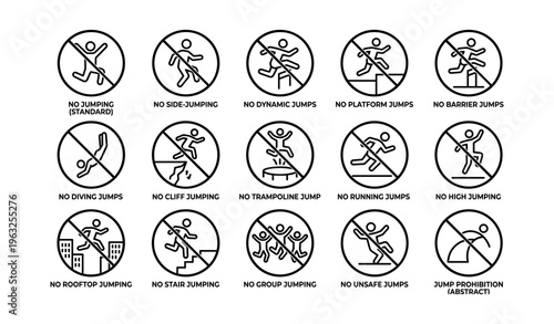 Prohibition signs: no jumping, diving, running, unsafe activity warning icons