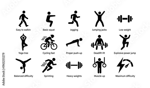 Fitness icon set: exercise symbols for workouts and training