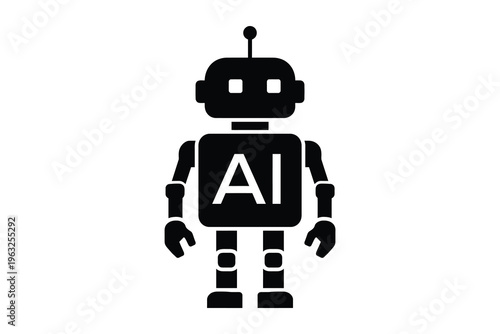 Minimalist AI robot icon vector, black silhouette of an artificial intelligence android, futuristic technology bot character for web design