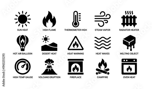 Heat and fire icons: sun, flame, thermometer, steam, radiator, balloon, dessert, volcano, campfire