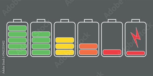 Battery level indicators. Colorful battery charge level icons. Battery power level pictograms in outline style. Battery level indicators. vector illustration eps file.