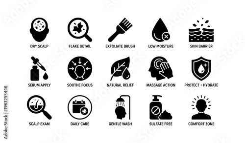 Hair and scalp care icons: treatment, moisture, protection tips