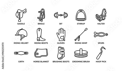 Equestrian gear icons: saddle, bridle, bit, stirrup, halter, helmet, gloves, spur, whip