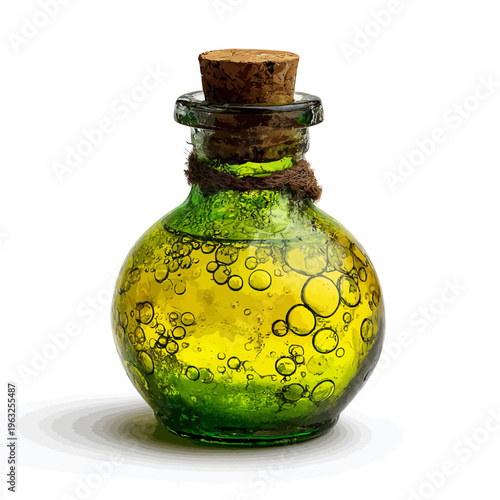 A green glass bottle with cork stopper.