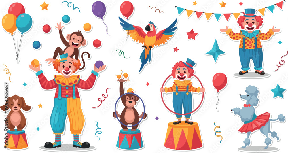 Fototapeta premium Fun Circus Performance Collection with Clowns, Animals, and Colorful Balloons