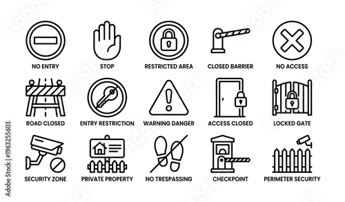 Security and access control icons: no entry, restricted areas, closed barriers