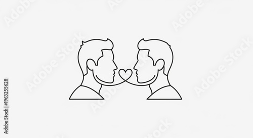 Two men sharing a romantic heart symbol love connection in a simple line art illustration