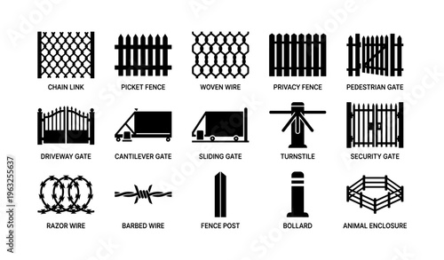 Various fence and gate types: icon set featuring chain link, picket, privacy, turnstile, and more