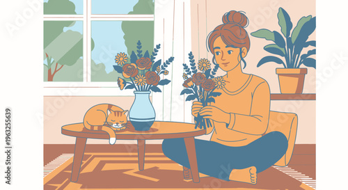 Woman arranging flowers with cat indoors.