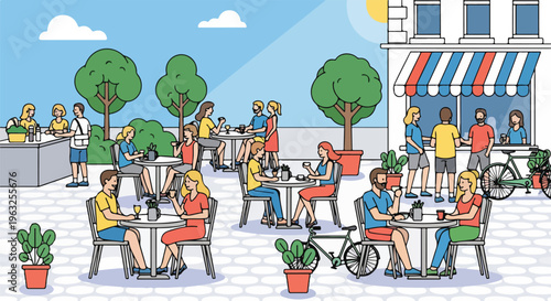 Illustration of a sunny outdoor cafe with people