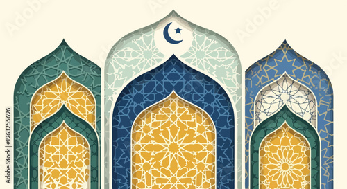 Illustration of stylized arched structures with intricate geometric patterns