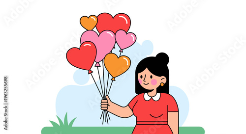 Woman holding heart shaped balloons outdoors.