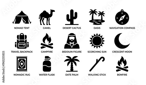 Desert icons: camel, cactus, oasis, navigation compass, bedouin figure
