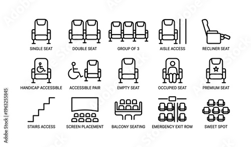 Theater seating icons: accessibility, comfort, and layout options