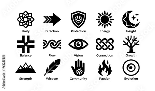 Collection of 16 black and white symbolic icons representing concepts and values