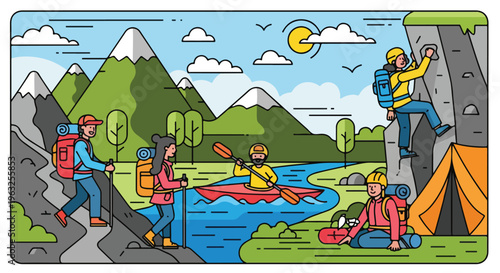 Illustration of outdoor activities, including hiking, kayaking, and climbing, in the mountains