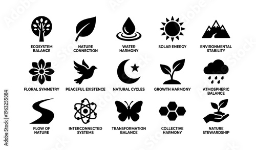 Nature icons representing ecosystem balance and environmental harmony