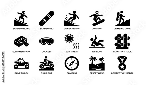 Desert adventure icons: sandboarding, dune carving, quad biking, oasis, compass