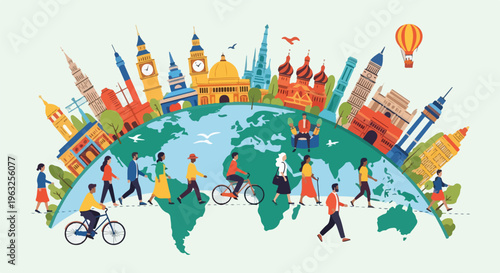 Illustration of people and iconic buildings from around the globe