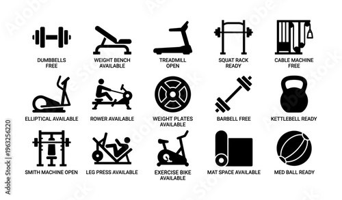 Gym equipment icons: dumbbells, treadmill, squat rack, kettlebell, exercise bike