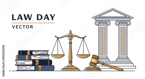 Law day vector illustration with scales gavel books and courthouse